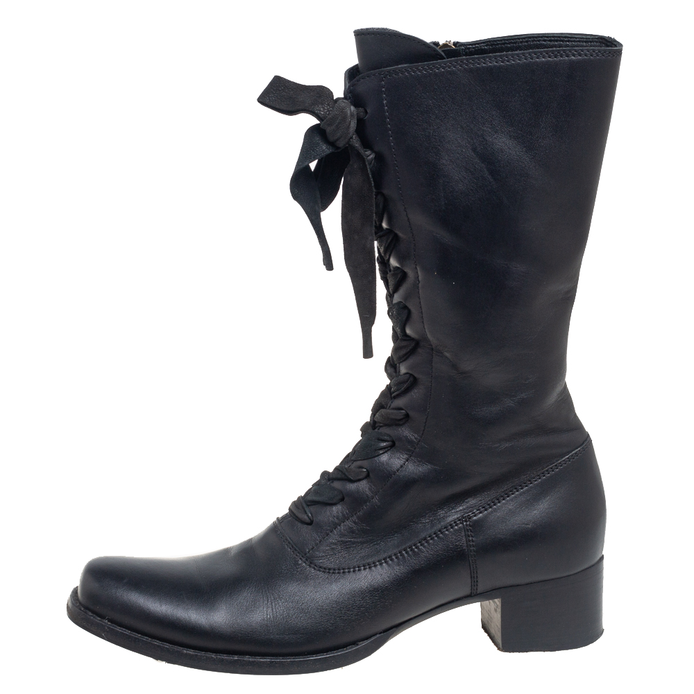 

Miu Miu Black Leather Lace-Up Mid-Calf Boots Size