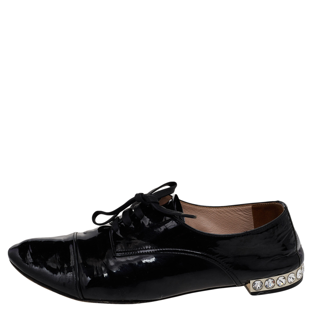 

Miu Miu Black Patent Leather Crystal Embellished Heel Oxfords Size