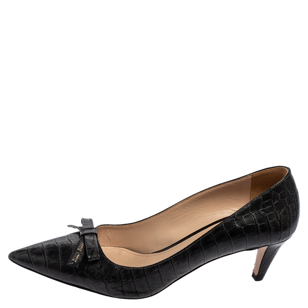 

Miu Miu Black Croc Embossed leather Bow Detail Pointed Toe Pumps Size