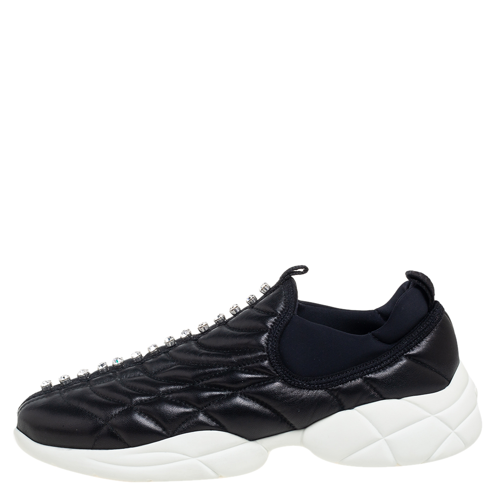 

Miu Miu Black Leather Crystal Embellished Slip On Sneakers Size