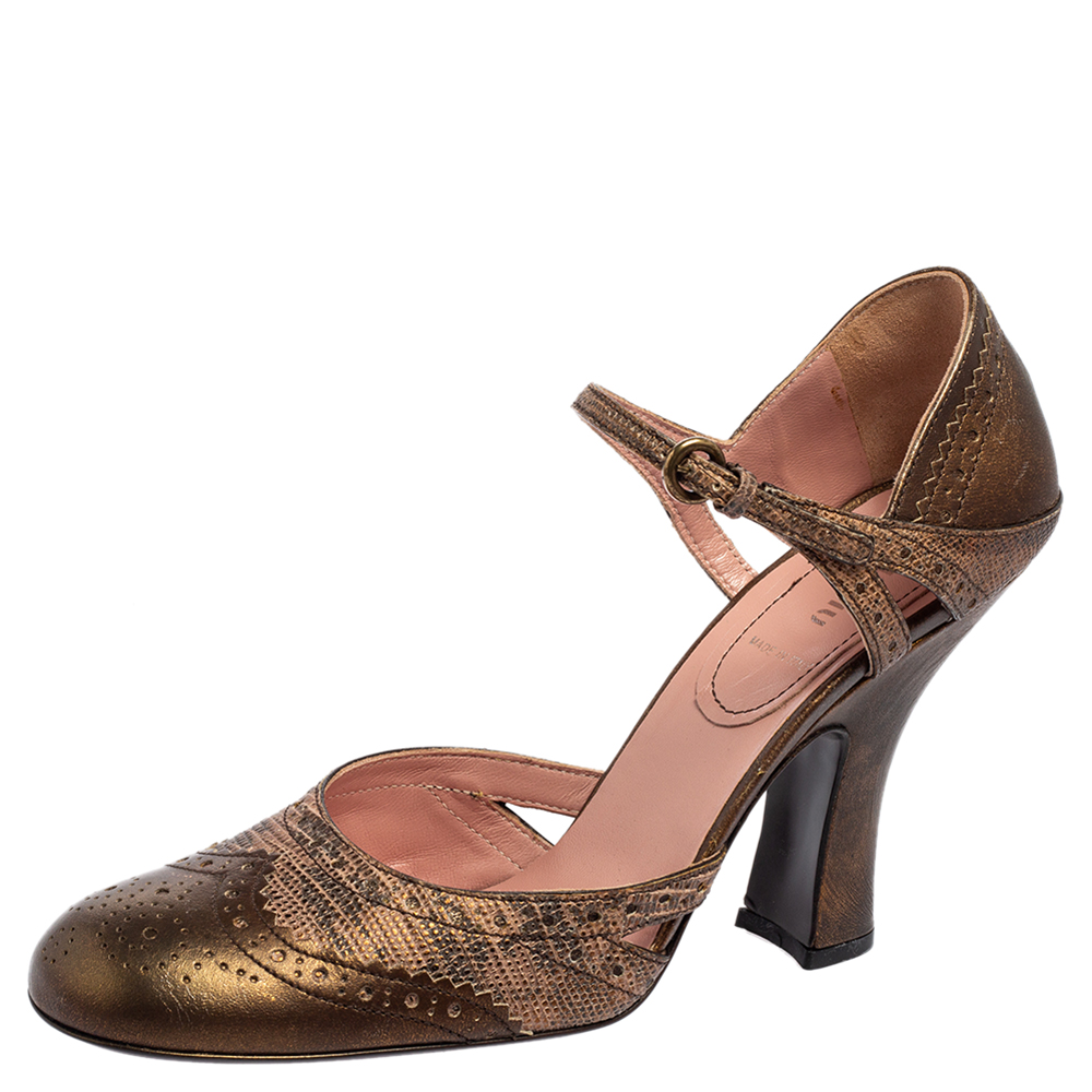 Pre Owned Miu Miu Metallic Copper Brogue Leather Pumps Size 40