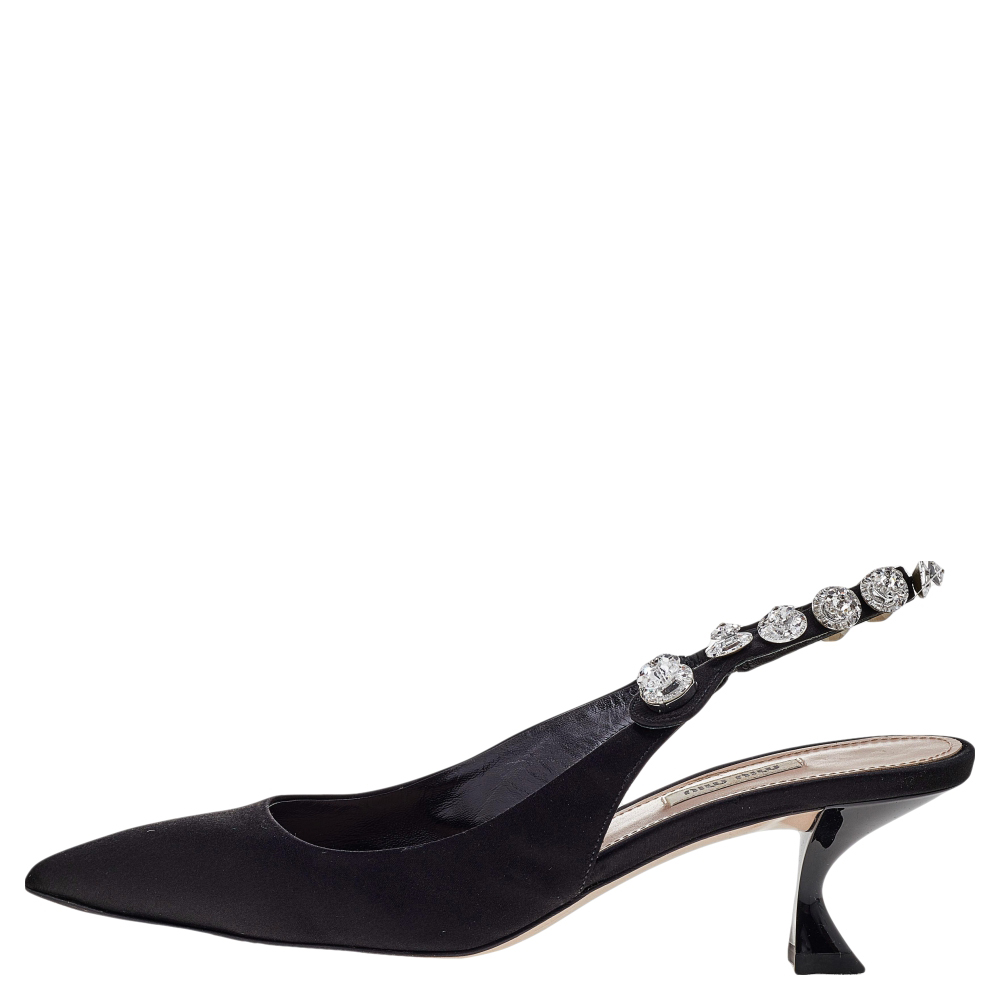 

Miu Miu Black Satin Crystal Embellished Slingback Sandals Size