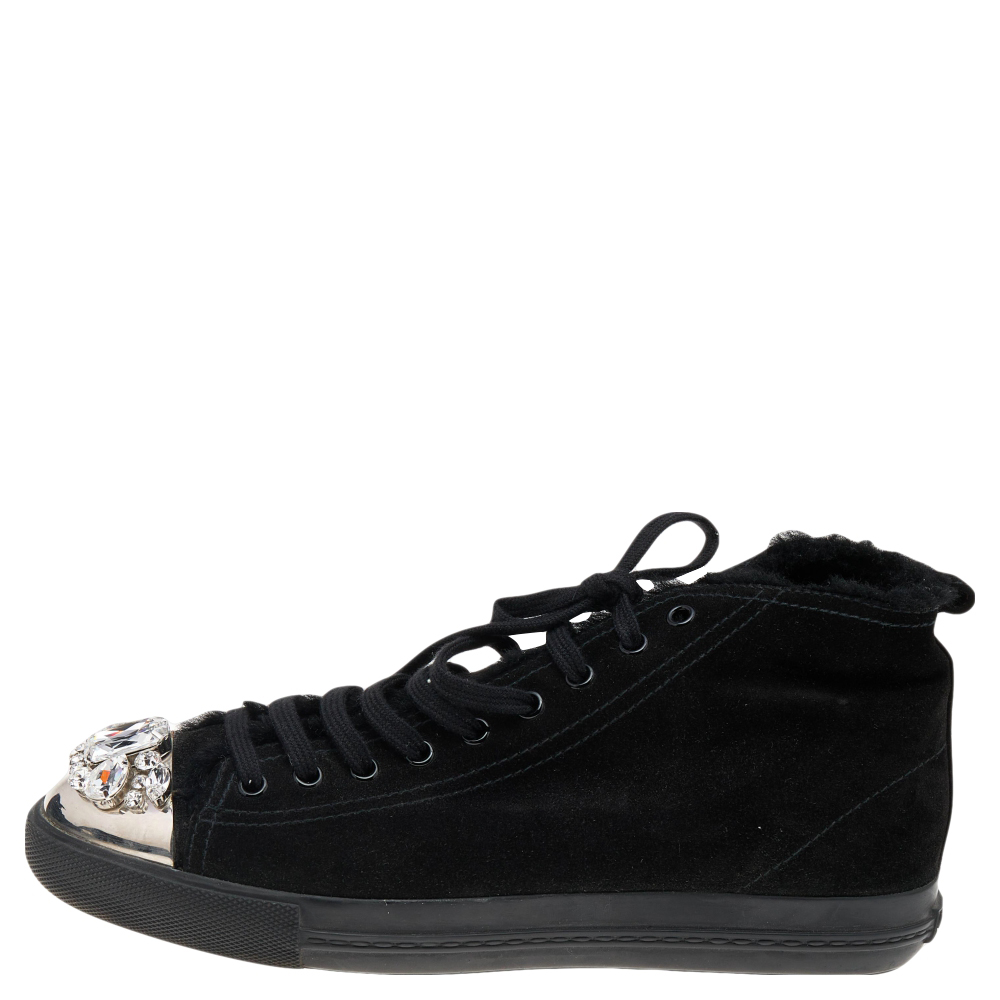 

Miu Miu Black Suede Crystal Embellished High Top Sneakers Size