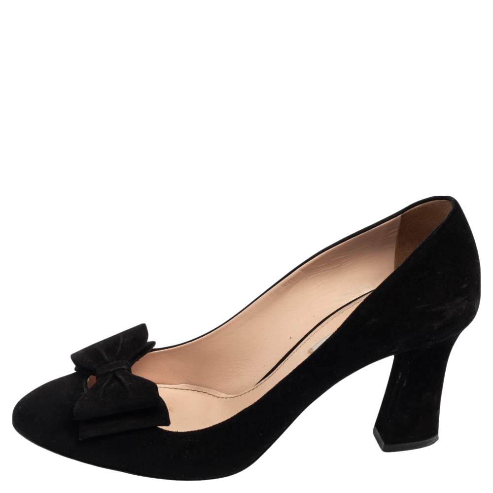 Miu Miu Black Suede Bow Round-Toe Pumps Size