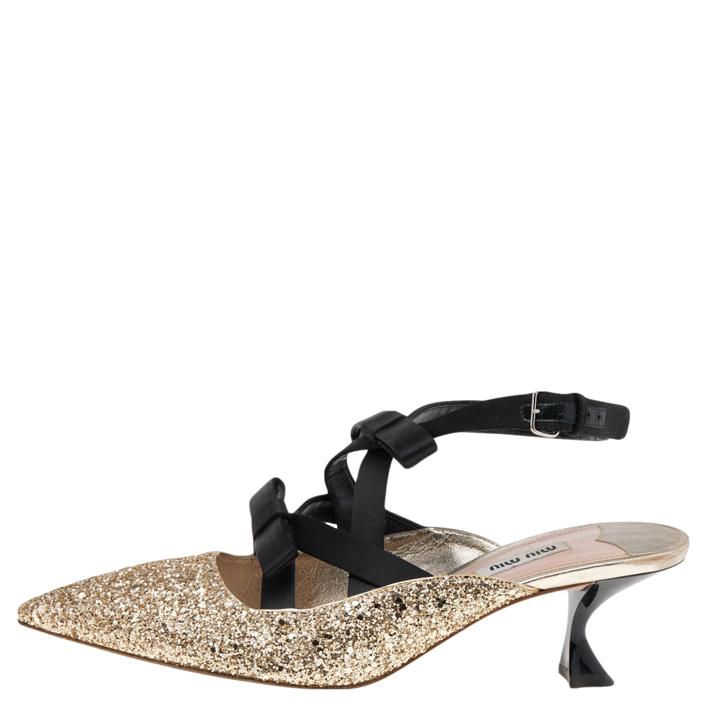 

Miu Miu Gold/Black Glitter and Satin Bow Slingback Pumps Size