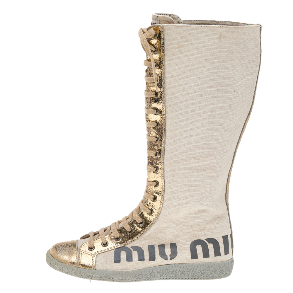 

Miu Miu Beige/Metallic Gold Canvas And Crackle Leather Lace Up Calf Length Boots Size