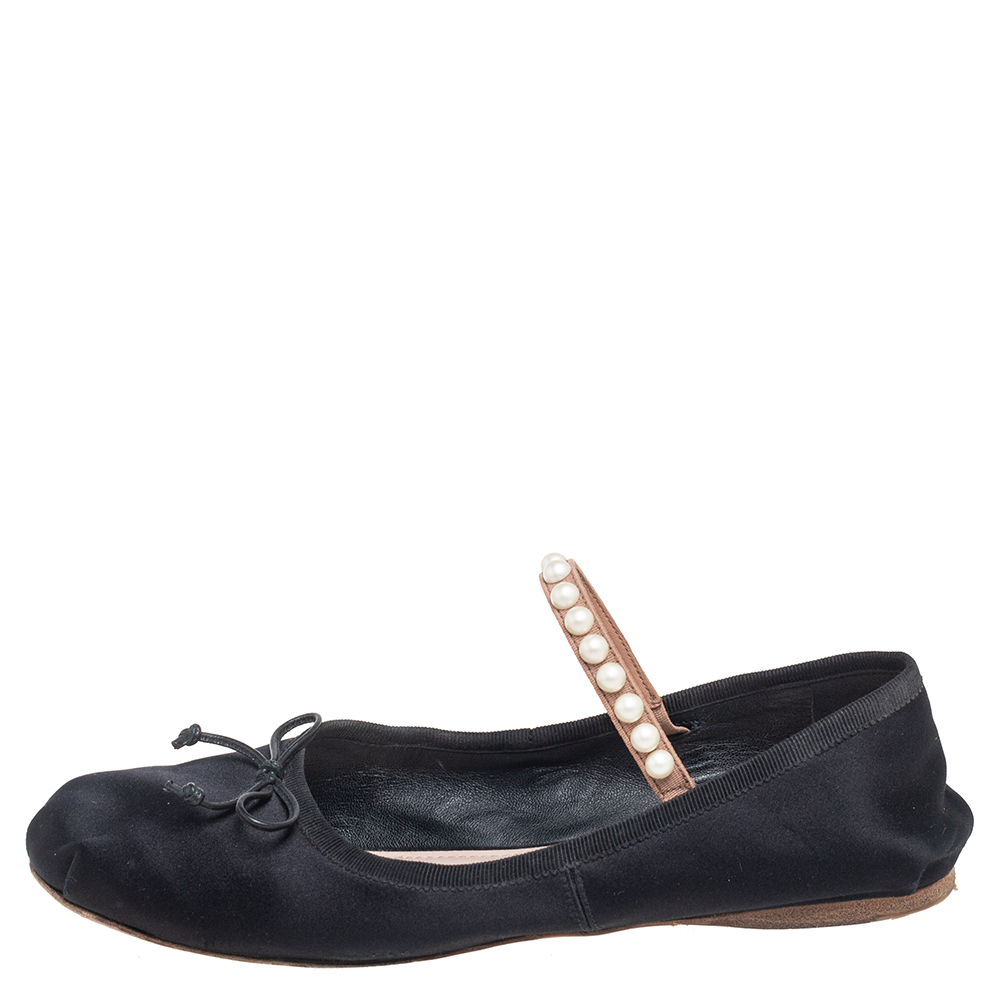 

Miu Miu Black Satin Embellished Strap Ballet Flats Size