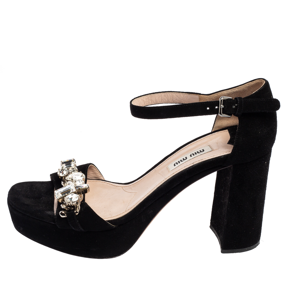 

Miu Miu Black Suede Crystal Embellished Chain Link Platform Ankle-Strap Sandals Size
