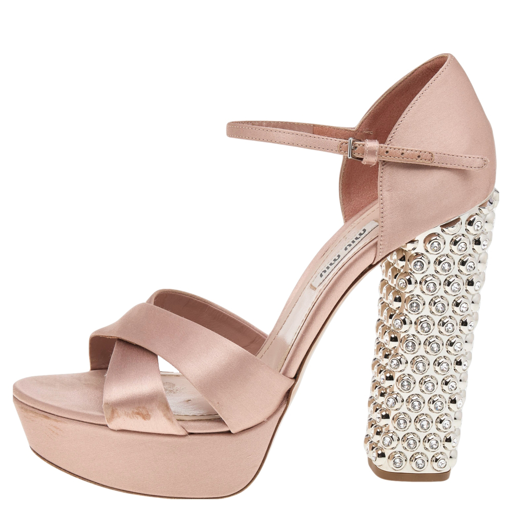 

Miu Miu Beige Satin Crystal Embellished Block Heel Ankle Strap Platform Sandals Size