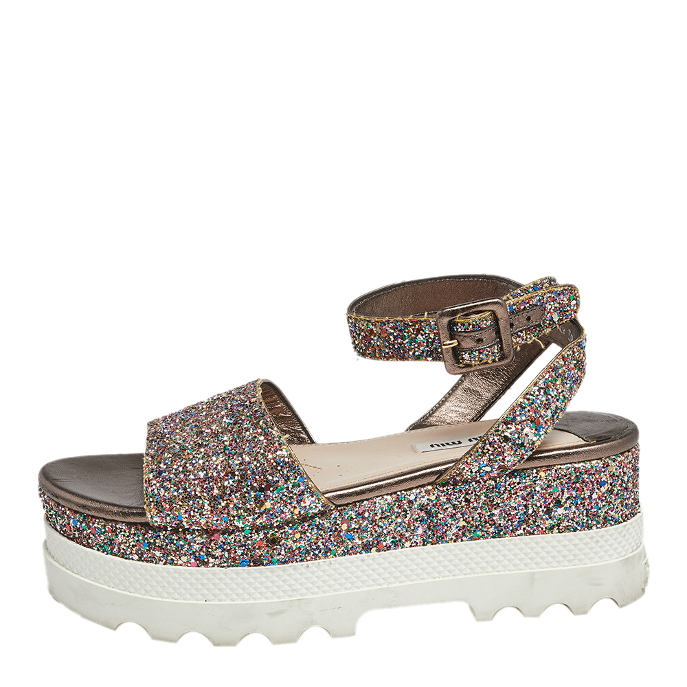 

Miu Miu Multicolor Glitter Ankle-Strap Flat Platform Sandals Size