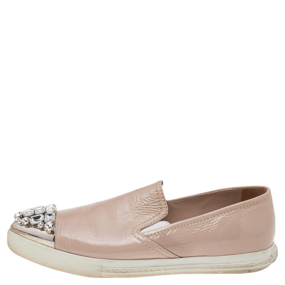 

Miu Miu Beige Patent Leather Crystal Embellished Metal Cap Toe Slip On Sneakers Size