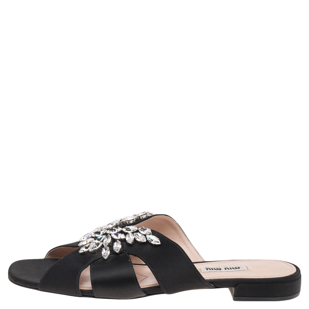 

Miu Miu Black Satin Crystal Embellished Flat Sandals Size