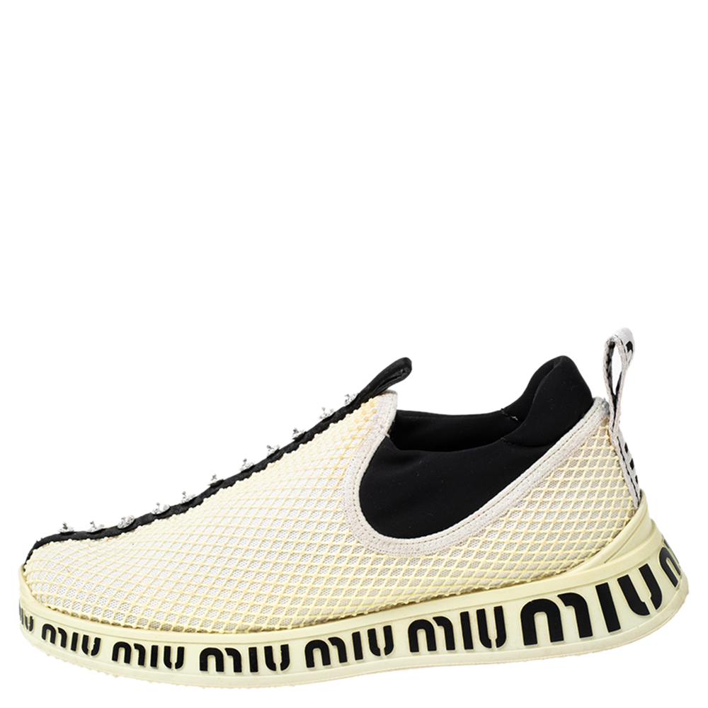 

Miu Miu Cream Mesh Crystal Embellished Slip-On Sneakers Size