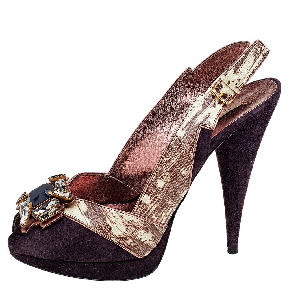 

Miu Miu Purple Suede And Lizard Embossed Leather Embellished Peep Toe Pumps Size