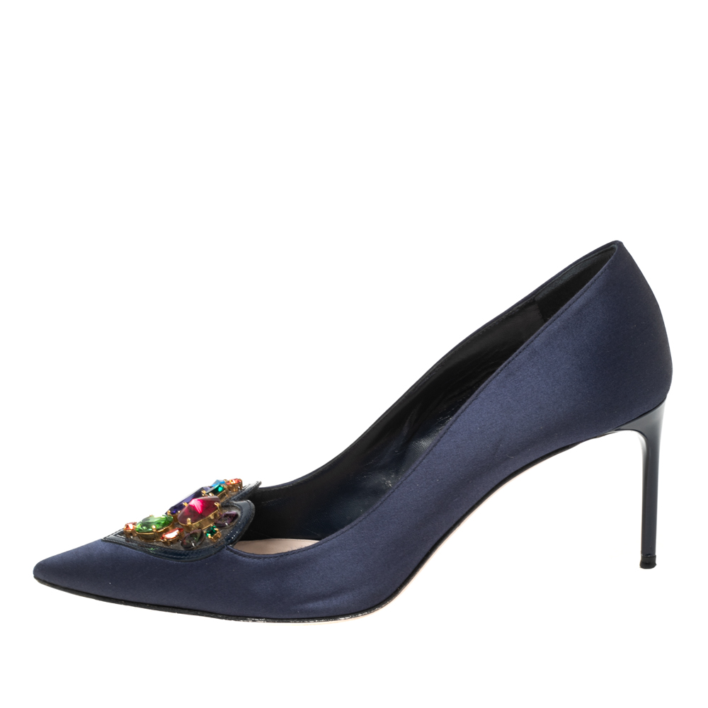 

Miu Miu Navy Blue Satin Crystal Embellished Heart Pointed Toe Pumps Size
