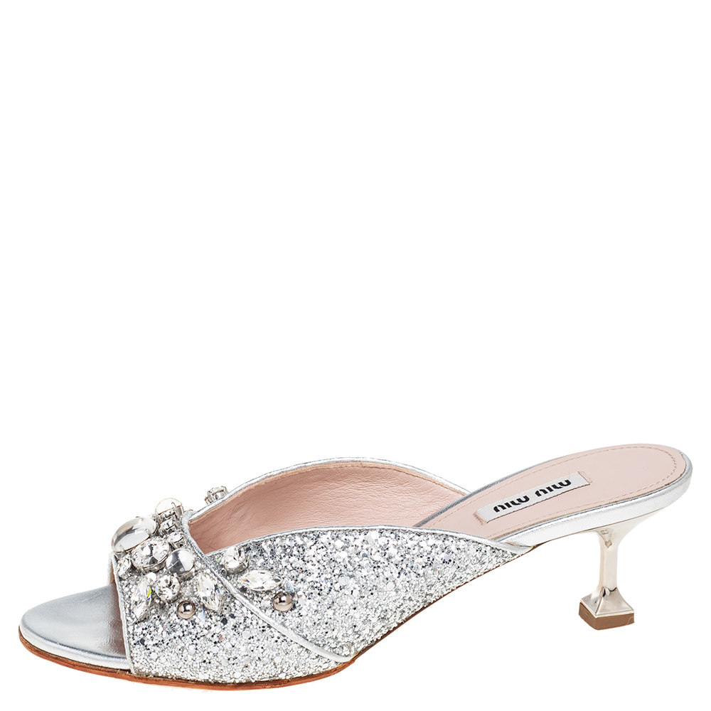 

Miu Miu Silver Glitter Crystal Embellished Slide Sandals Size