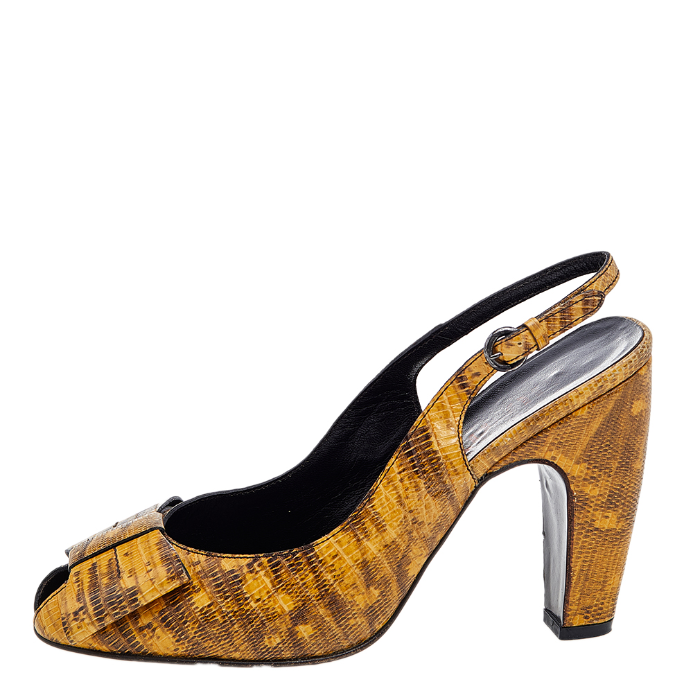 

Miu Miu Mustard Lizard Embossed Leather Bow Slingback Sandals Size, Yellow