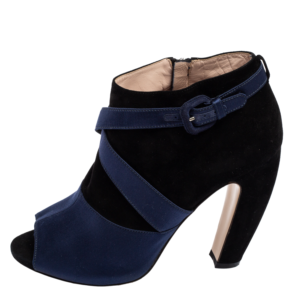 

Miu Miu Buckle Blue/Black Suede And Satin Open Toe Booties Size