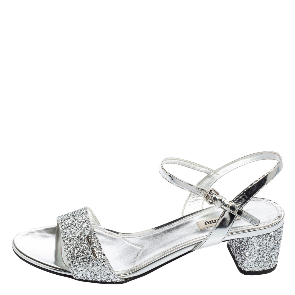 

Miu Miu Silver Glitter and Patent Leather Ankle-Strap Sandals Size
