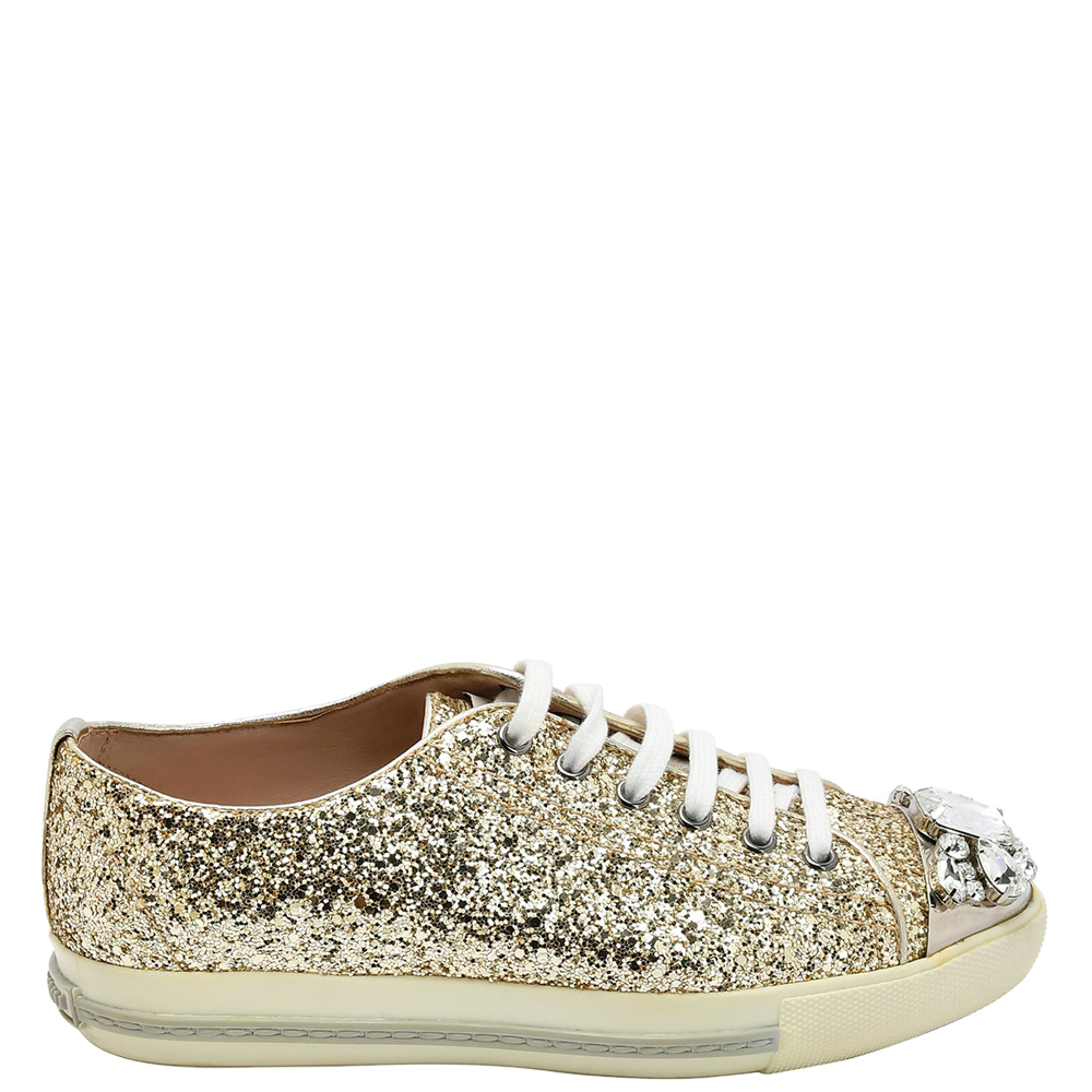 

Miu Miu Coarse Glitter Leather Crystal Embellished Cap Toe Sneakers EU, White