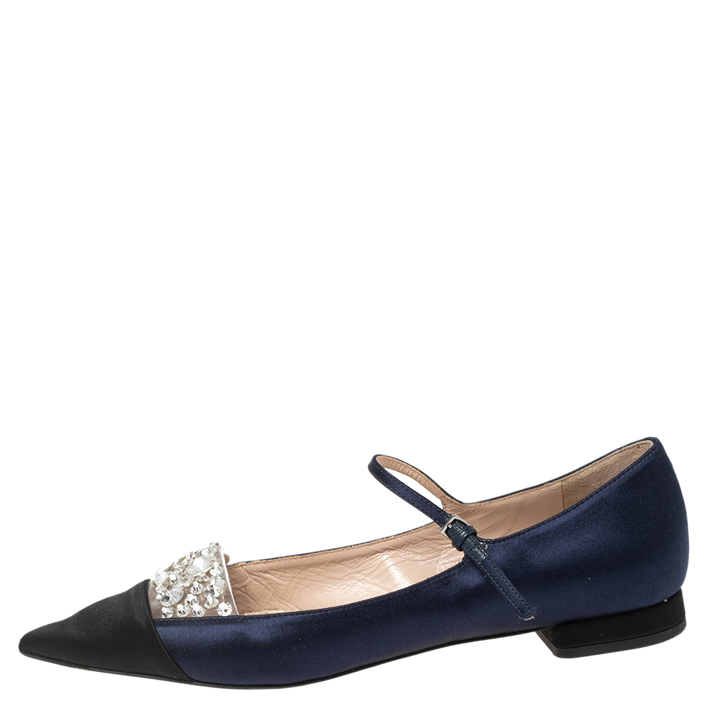 

Miu Miu Blue/Black Satin Crystal Embellished Mary Jane Pointed Toe Ballet Flats Size, Navy blue