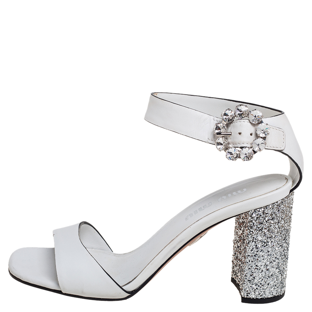 

Miu Miu White Leather Glitter Block Heel Ankle-Strap Sandals Size