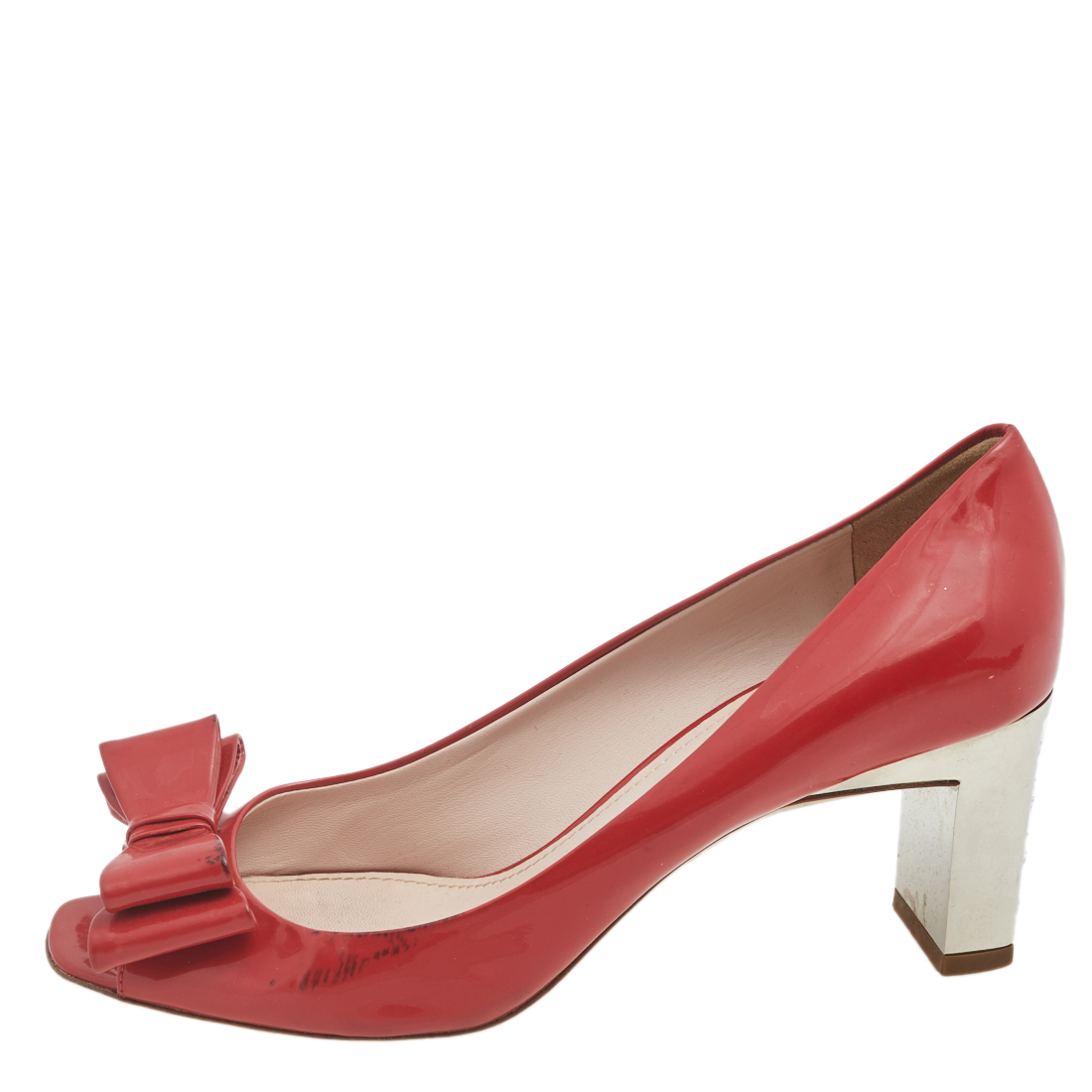 

Miu Miu Red Patent Leather Bow And Crystal Embellished Heel Peep Toe Pumps