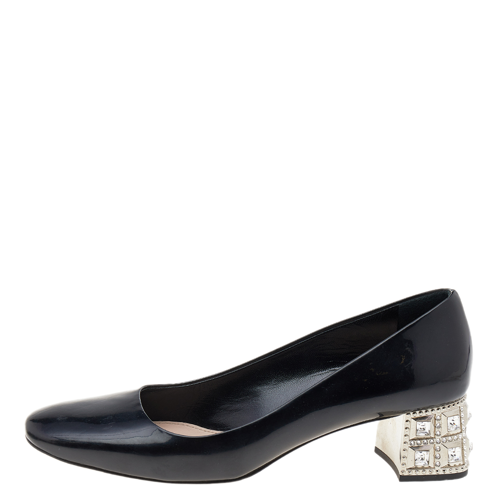 

Miu Miu Black Patent Leather Crystal Embellished Block Heel Pumps Size