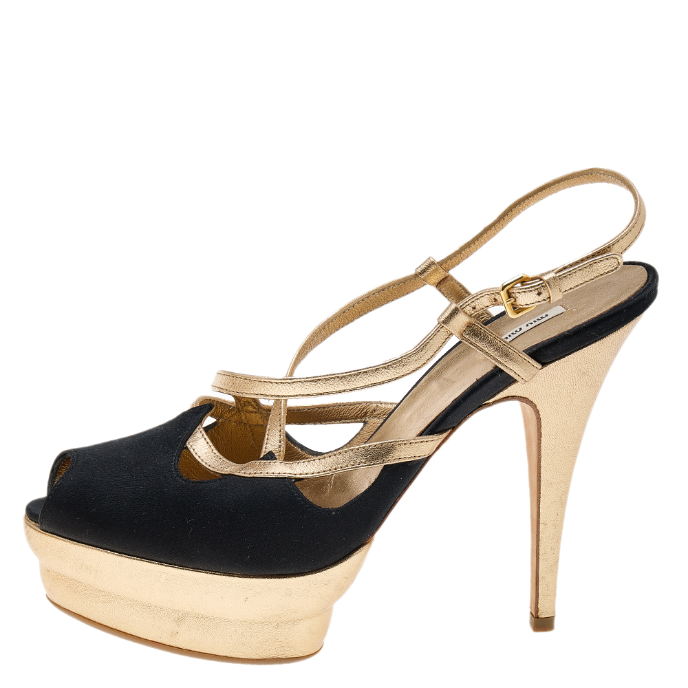 

Miu Miu Black/Gold Satin And Leather Platform Slingback Sandals Size