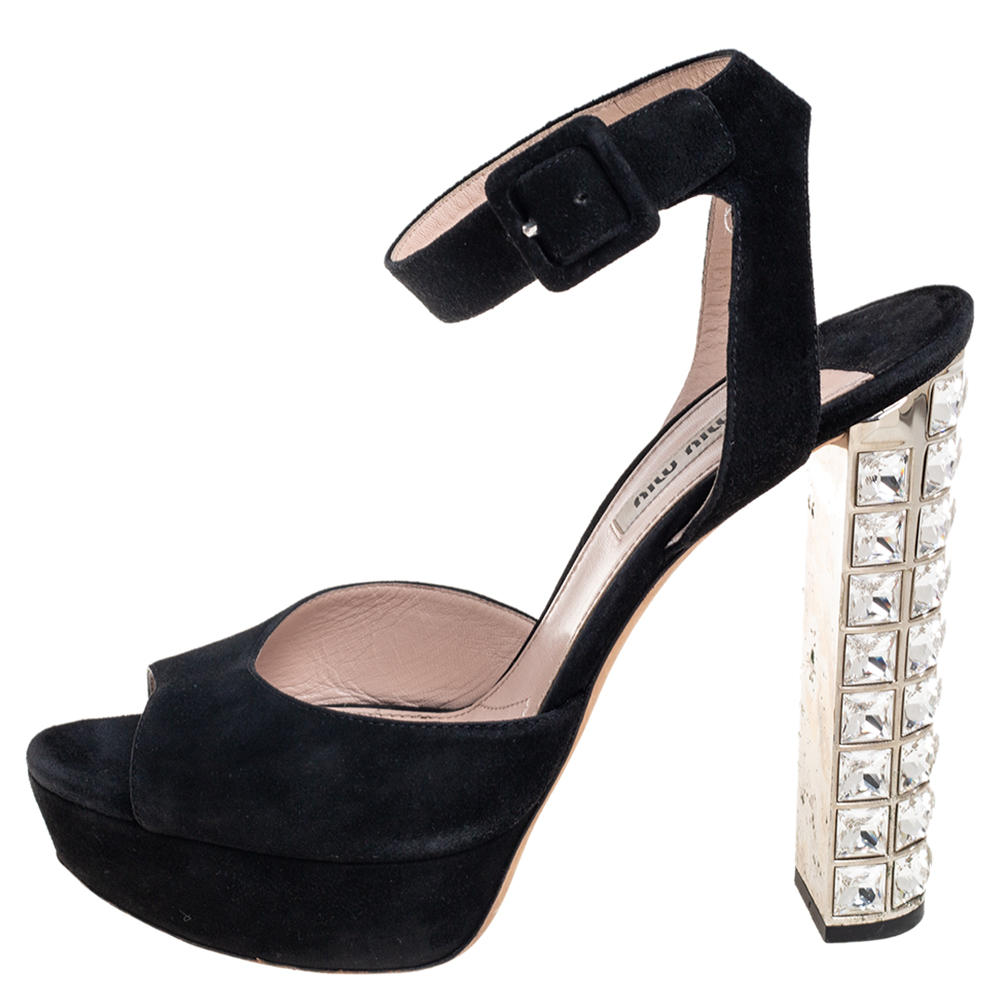 

Miu Miu Black Suede Embellished Block Heel Peep Toe Platform Ankle Strap Sandals Size