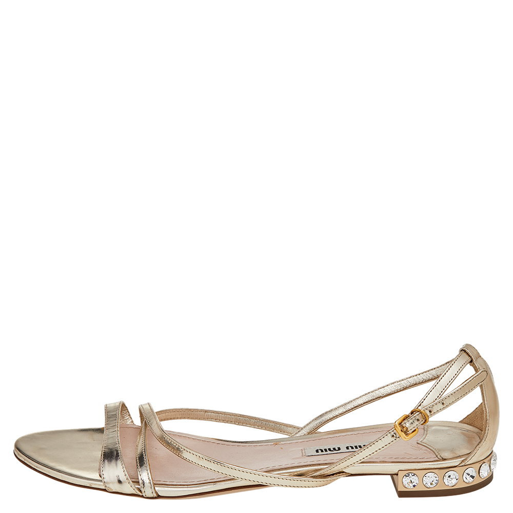

Miu Miu Gold Leather Embellished Flats Sandals Size