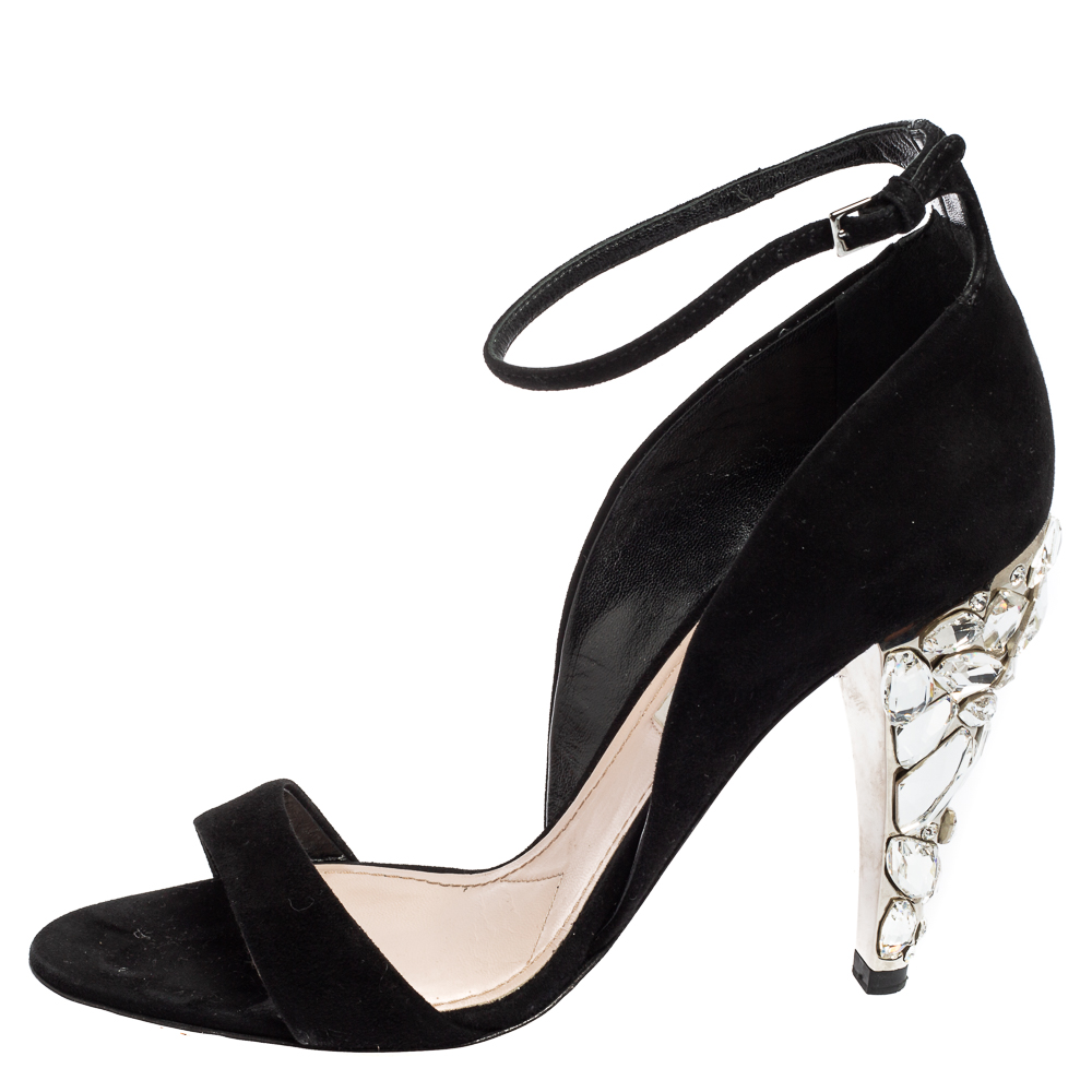 

Miu Miu Black Suede Crystal Embellished Ankle-Strap Sandals Size
