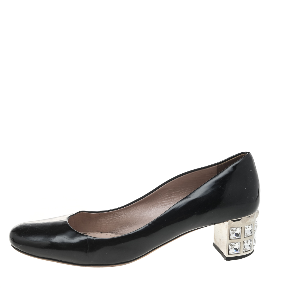 

Miu Miu Black Patent Leather Crystal Embellished Block Heel Pumps Size