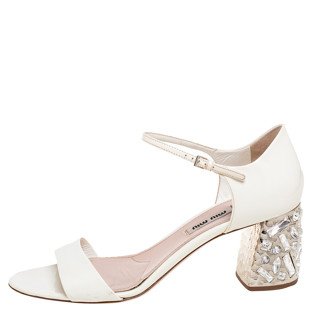 

Miu Miu White Patent Leather Crystal Embellished Heel Sandals Size