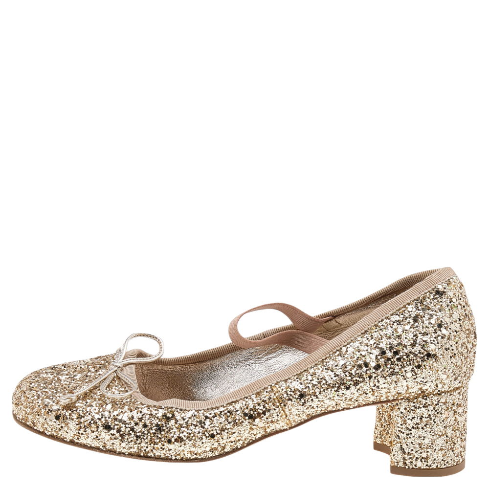 

Miu Miu Beige/Gold Glitter Bow Pumps Size