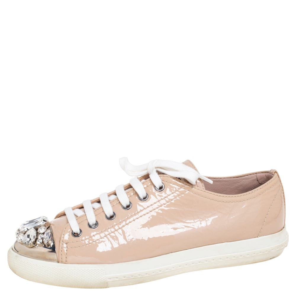 

Miu Miu Beige Patent Leather Crystal Embellished Cap Toe Lace-Up Sneakers Size