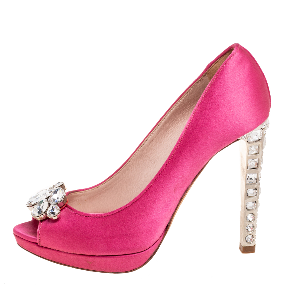 

Miu Miu Pink Satin Crystal Embellished Heel Peep Toe Platform Pumps Size