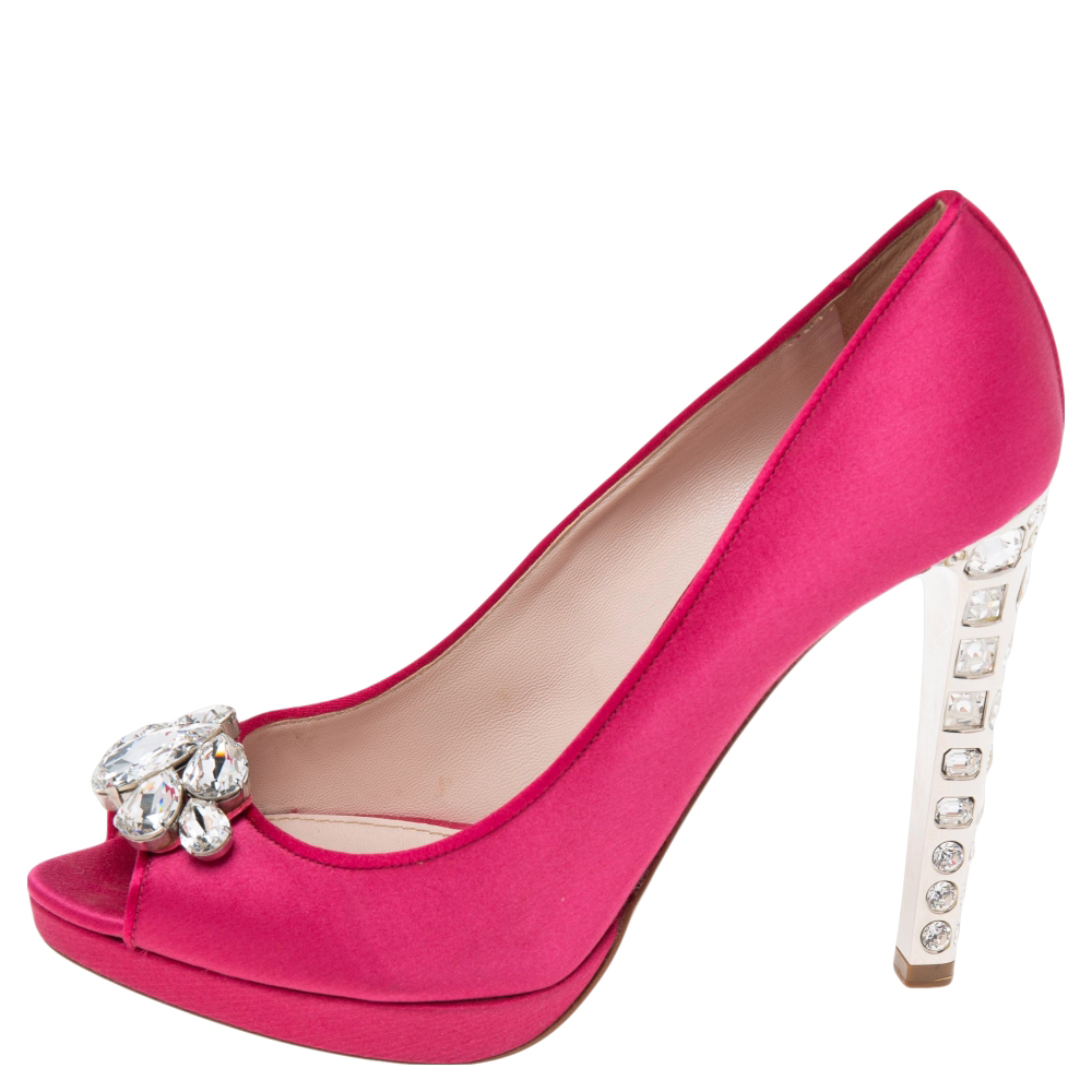 

Miu Miu Pink Satin Crystal Embellished Heel Peep-Toe Platform Pumps Size