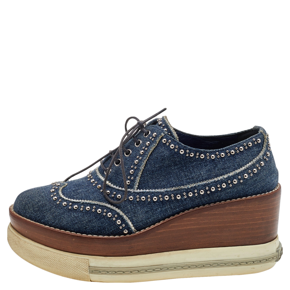 

Miu Miu Blue Denim Astro Cork Platform Sneakers Size