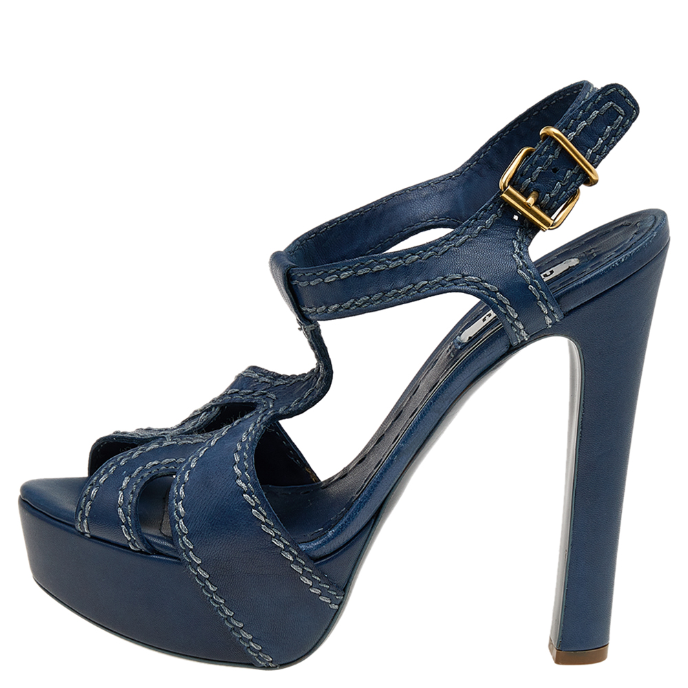 

Miu Miu Blue Leather Stitch Detail Ankle Strap Platform Sandals Size