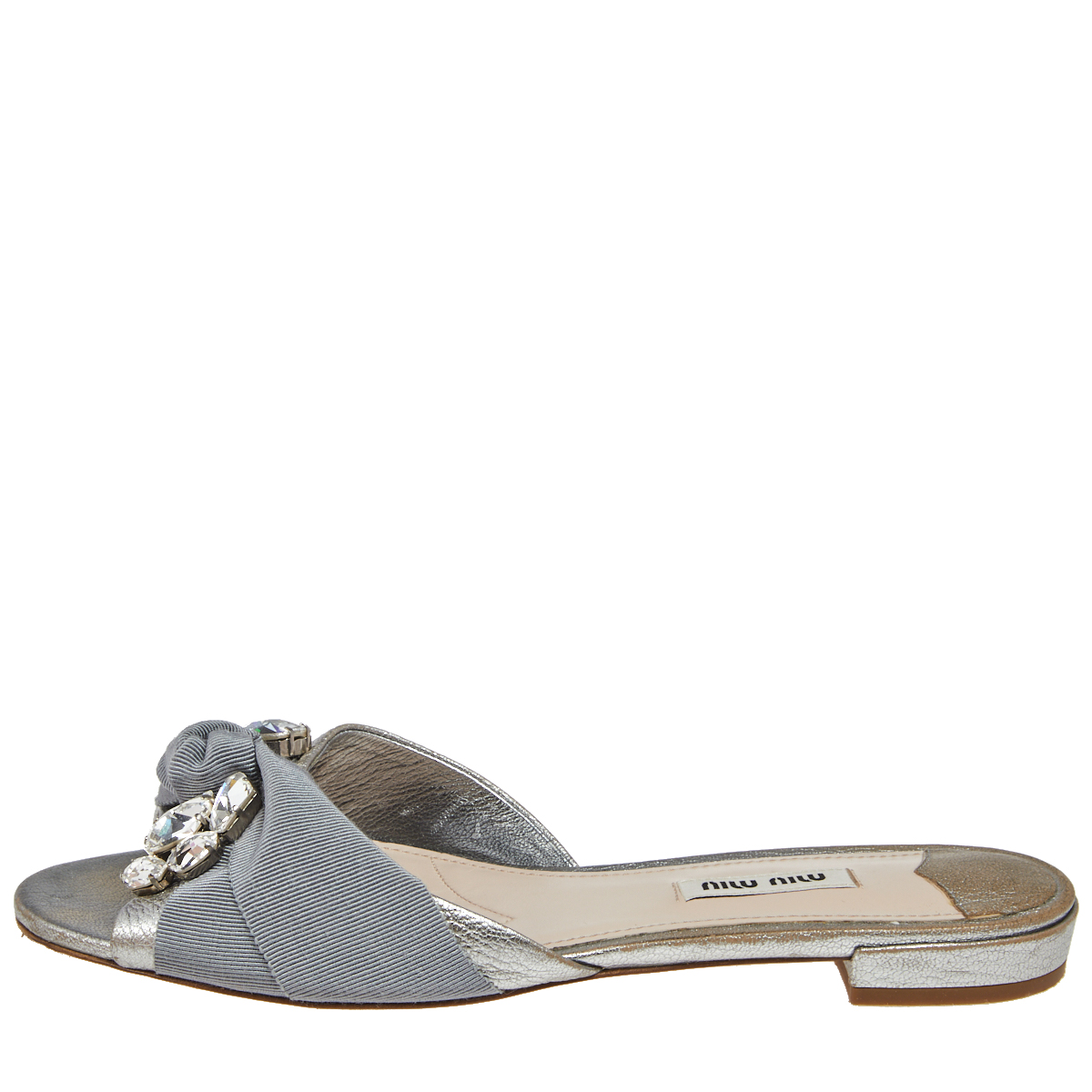 

Miu Miu Silver Leather Knot Crystal Embellished Slide Sandals Size