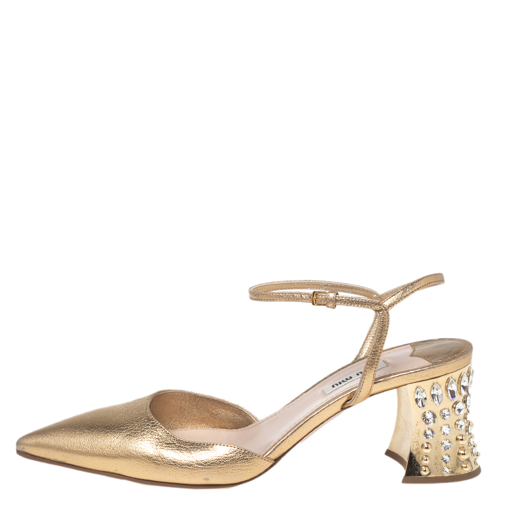 

Miu Miu Gold Leather Jewel Embellished Block Heel Ankle-Strap Pointed-Toe Pumps Size