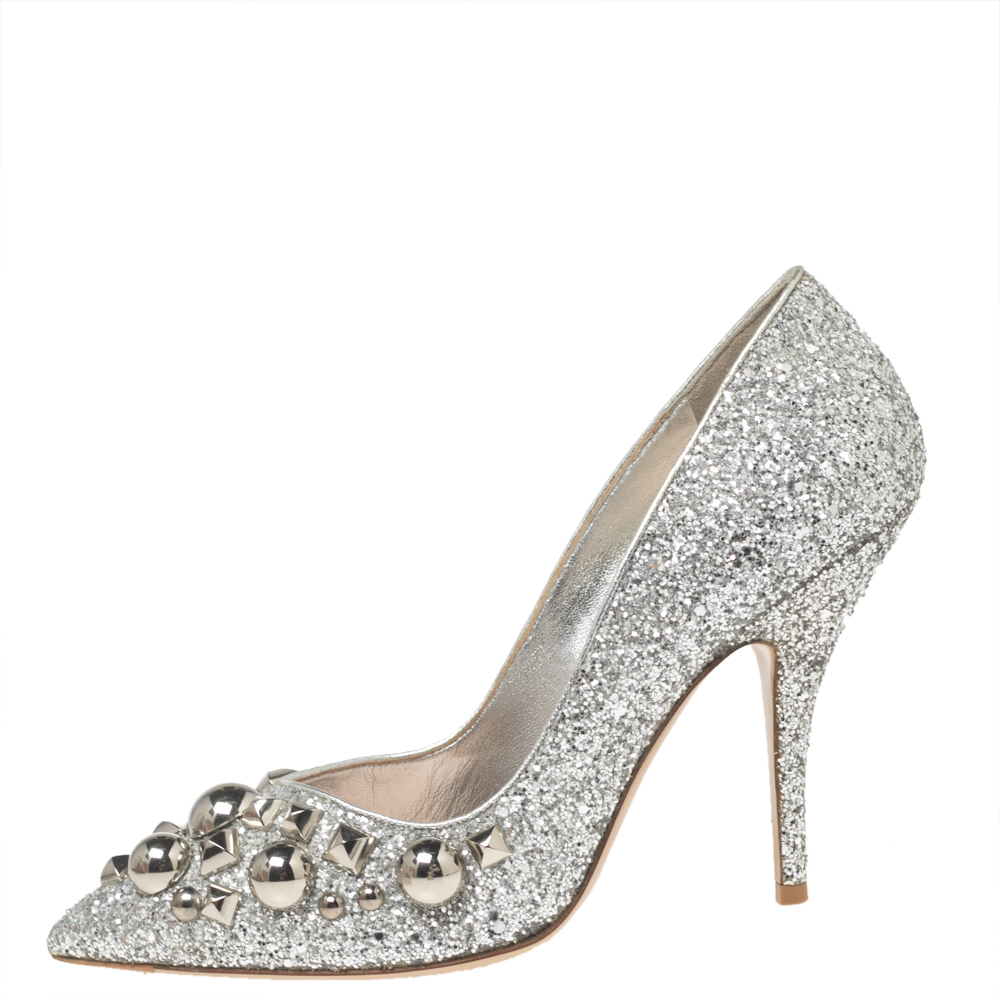 

Miu Miu Silver Studded Glitter Pointed-Toe Pumps Size