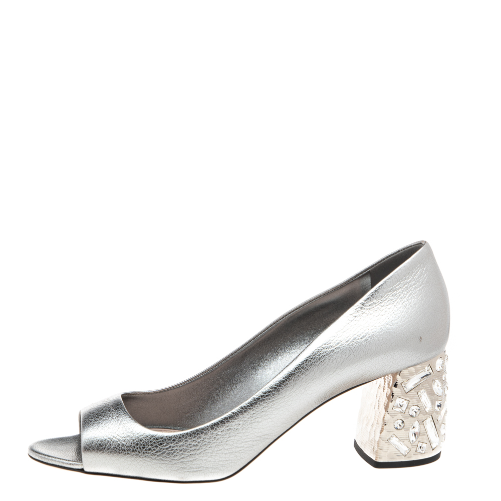 

Miu Miu Metallic Silver Leather Crystal Embellished Block Heel Pumps Size