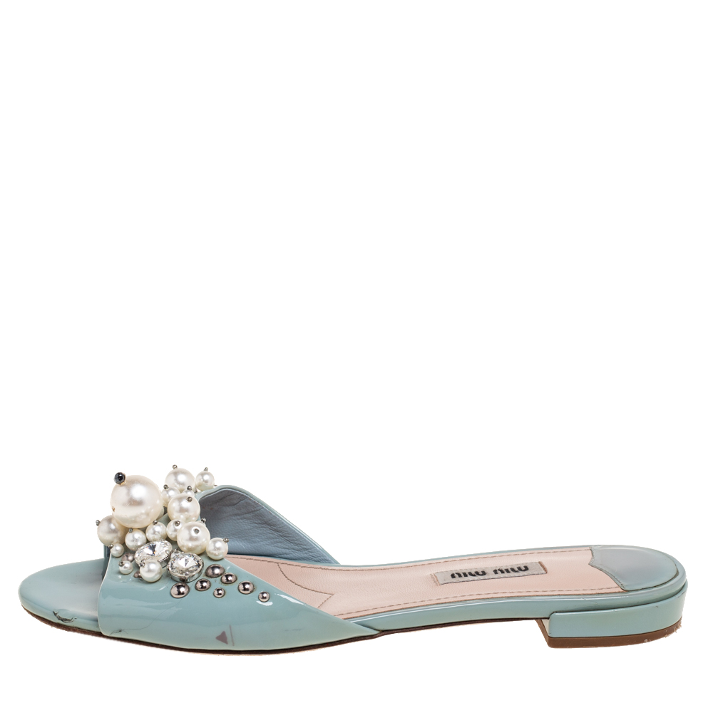 

Miu Miu Light Blue Patent Leather Embellished Flat Sandals Size