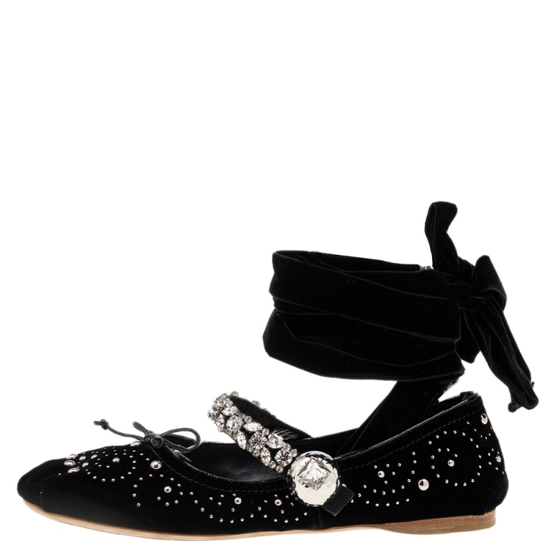 

Miu Miu Black Velvet Embellished Bow Ankle Wrap Ballet Flats Size