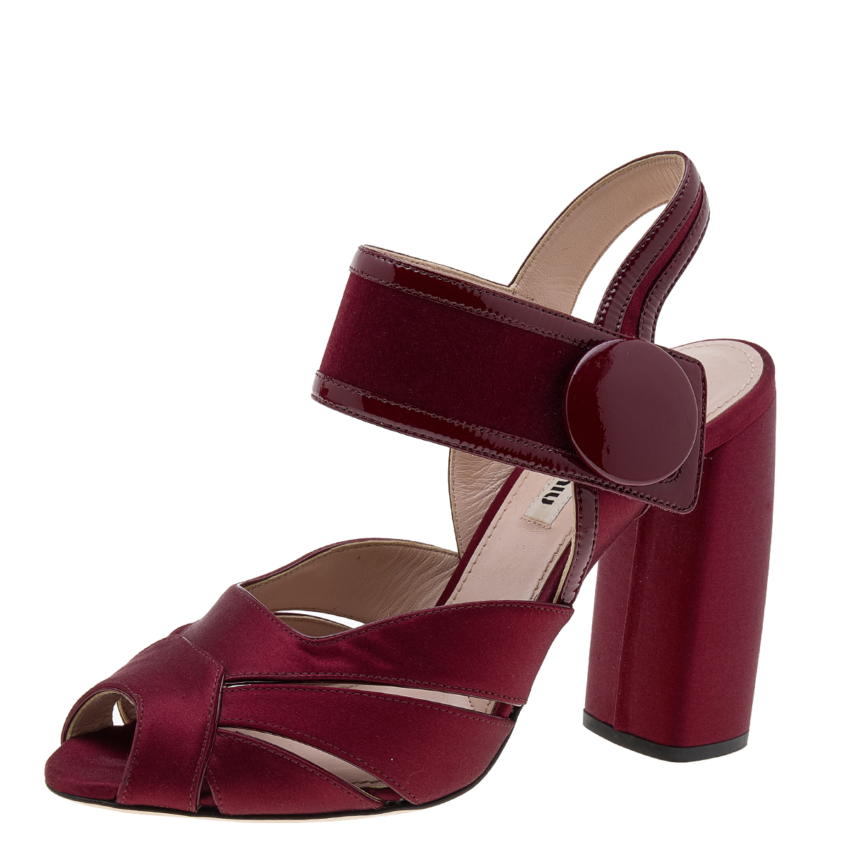 

Miu Miu Burgundy Satin and Patent Leather Ankle Strap Sandals Size