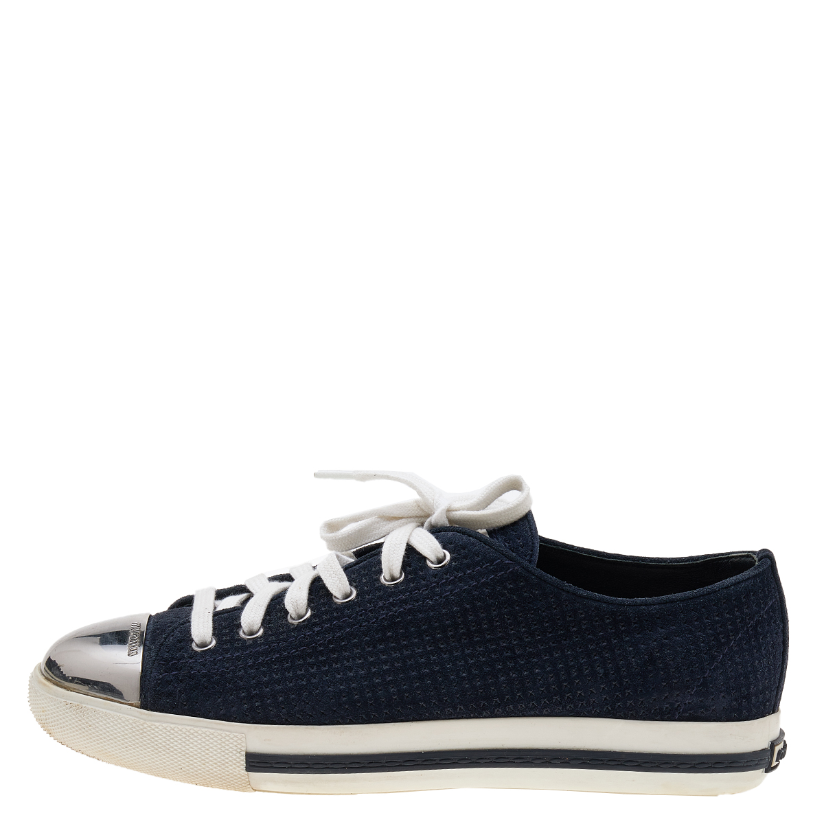 

Miu Miu Navy Blue Perforated Suede And Metal Cap Toe Low Top Sneakers Size