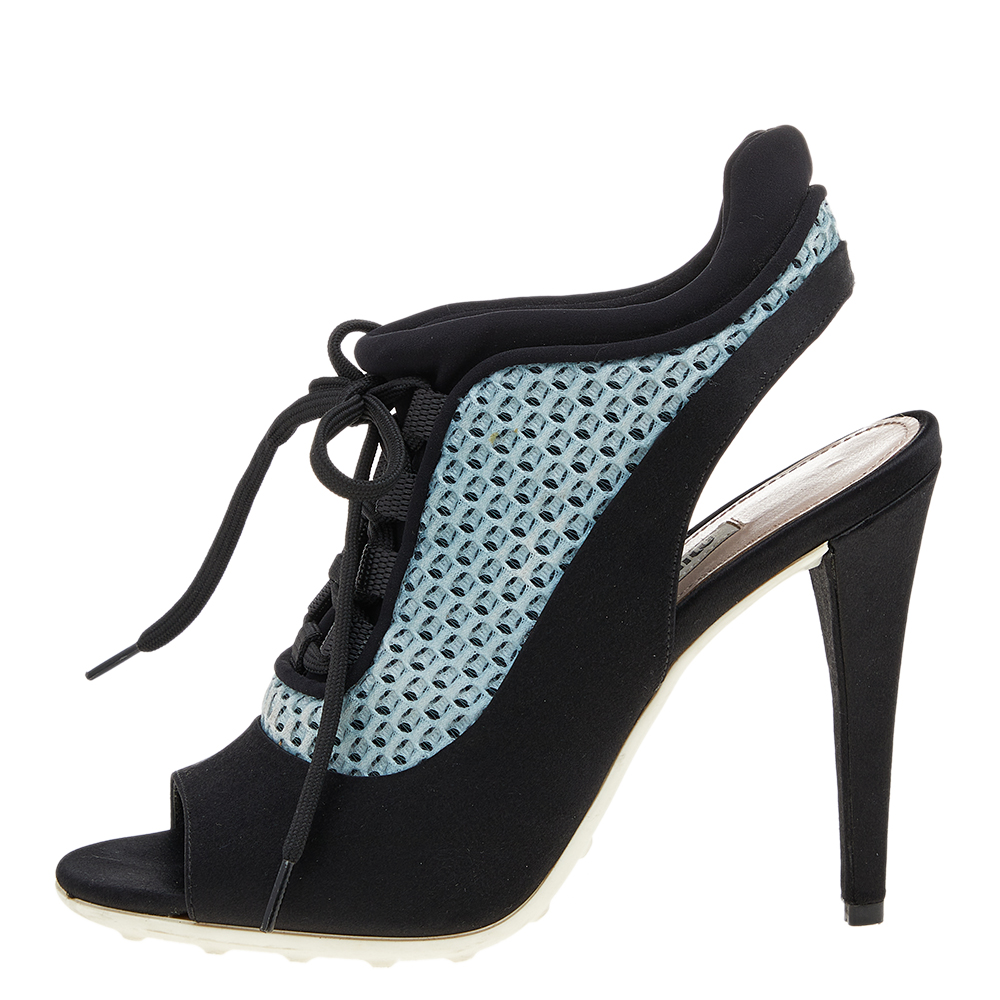 

Miu Miu Black/Blue Satin and Mesh Open Toe Slingback Sandals Size