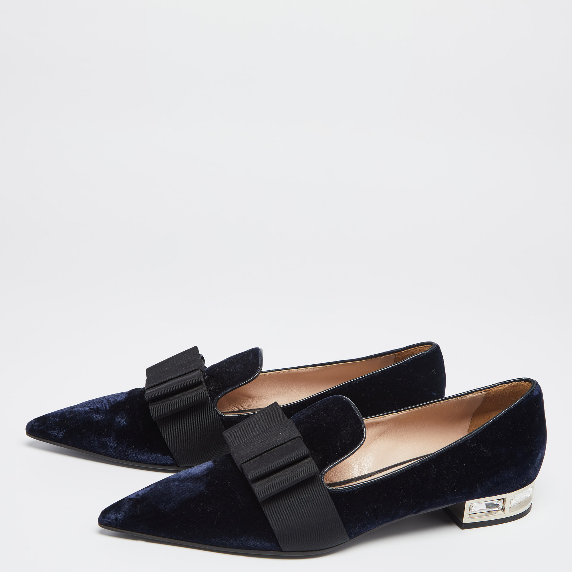 

Miu Miu Navy Blue Velvet Bow Pointed Toe Loafers Size